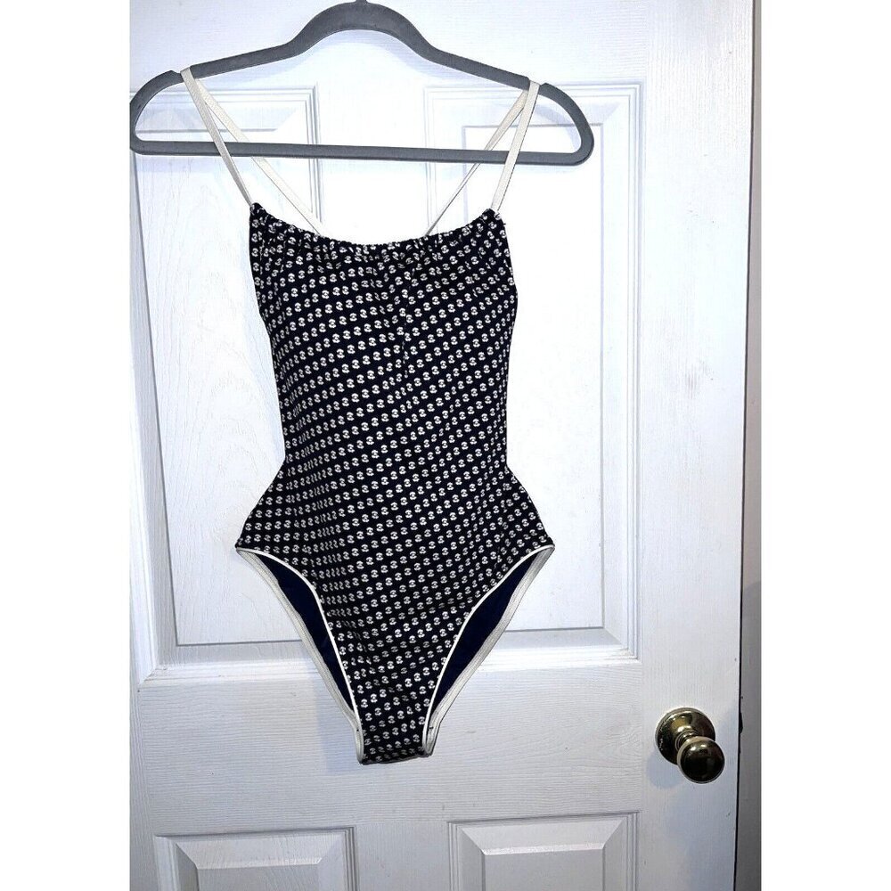 TORY BURCH One Piece Navy Ivory Trim Open Back Swimsuit Sz M